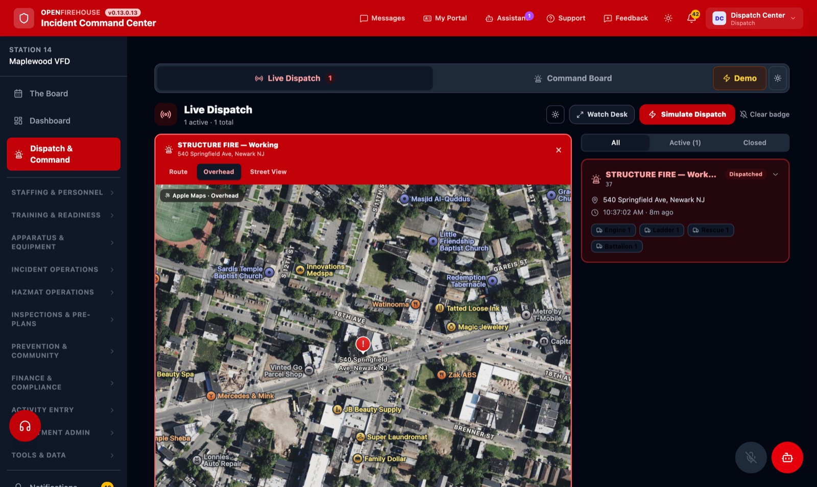 OpenFirehouse incident command — overhead satellite size-up of the structure fire