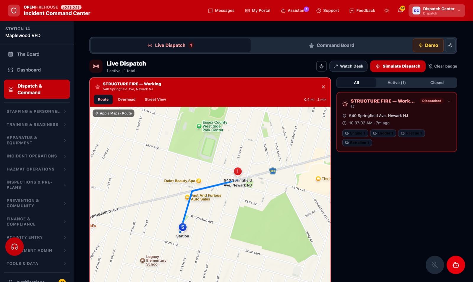 OpenFirehouse incident command — response route and ETA to a working structure fire