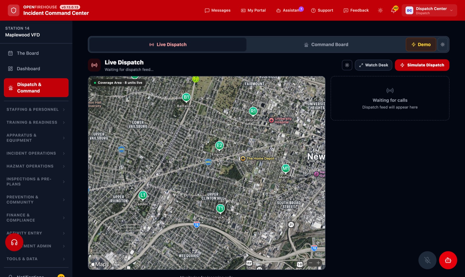 OpenFirehouse live dispatch — coverage map with 8 apparatus positioned by live GPS across the district